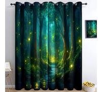 Srigzcaly green Blackout Curtains for Living Room, 54 inch Drop Eyelet Curtains for Bedroom, Anime Fireflies light up the forest path Thermal Insulated Window Drapes, 2 Panels W46 x L54 Inch