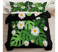 Srigzcaly Kids' Duvet Cover Set Premium Brushed Microfiber Tropical Plant Monstera Leaf Daisy Soft Breathable Bedding Set, 3-Piece Comfy Single Black Quilt Cover for Teens Boys Girls Bedroom