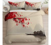 Srigzcaly King Duvet Cover Sets Premium Brushed Microfiber, Ultrasoft Hypoallergenic Reversible Ink Plum Blossom Old House - Beige Quilt Cover Non Iron Luxury Bedding Set With Zipper Closure