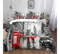 Srigzcaly King Grey Duvet Cover Set, Premium Soft Brushed Microfiber Cosy Reversible Bedding for Boys Girls - London Street Scene Duvet Cover for Kids Teenage Bedroom