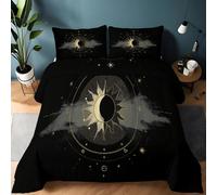 Srigzcaly King Size Down Alternative Duvet, Celestial Art Line Sun Moon Reversible Quilted Duvet for All Seasons - Breathable Lightweight Non-Allergenic and Machine Washable (220x240 CM, Black)