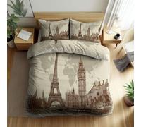 Srigzcaly Light brown Bedding Duvet Cover Double 79x79 inch - Ultra Soft Brushed Microfibre Breathable Bed Set - Vintage Eiffel Tower Big Ben Reversible Quilt Cover Set with 2 Pillow cases, 3 Piece