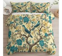 Srigzcaly Light Yellow William Morris Branch Bird King Kids Duvet Cover Set for Boys Girls, Microfiber Bedding Set with Pillowcase, Machine Washable Quilt Covers, Room Decor