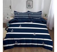 Srigzcaly Nautical Stripes & Anchor Bedding Set Single, Super Soft Cosy Comfy Warm Microfiber Reversible Duvet Cover Set with Pillowcase for Kids Boys Girls, Dark blue