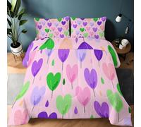 Srigzcaly Single Cartoon Coverless Duvet Set 10.5 Tog with 2 Pillowcases | Pink Purple Green Heart Flowers Reversible Coverless Duvet, Washable All Seasons Lightweight Warm Quilt 135 x 200cm