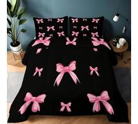 Srigzcaly Single Coverless Duvet 135 x 200 cm with Pillowcase, Cartoon Style Pink Bow Quilt Comforter, Hypoallergenic Reversible Bedding All Season, Microfiber Polyester, Machine Washable, Black