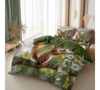 Srigzcaly Single Duvet Cover Set Premium Brushed Microfiber Soft Cosy, Reversible Dark Green Bedding for Boys Girls - Squirrels playing on a branch Duvet Cover for Kids Teenage Bedroom Accessories