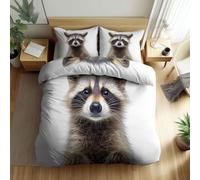 Srigzcaly Single Size Duvet Cover - Reversible White Duvet Cover Set with Zipper Closure, 3 Pieces Animal raccoon Bedding Set with 4 Corner Ties and 2 Pillowcases, 135 x 200 cm