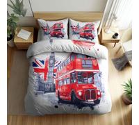 Srigzcaly Single Size Duvet Cover - Reversible White Duvet Cover Set with Zipper Closure, 3 Pieces Vehicle double decker bus Bedding Set with 4 Corner Ties and 2 Pillowcases, 135 x 200 cm