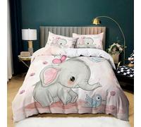 Srigzcaly Single Size Duvet Cover Set 135 x 200 cm, Cosy Warm Reversible Cartoon Cute Elephant Pattern Bedding Set with 2 Pillowcases for Kids, Soft Microfiber Pink Quilt Cover with Zipper Closure