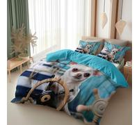Srigzcaly Teal Bedding Duvet Cover King 91x87 inch - Ultra Soft Brushed Microfibre Breathable Bed Set - Animal dog modern HD Chihuahua nautical Reversible Quilt Cover Set with 2 Pillow cases, 3 Piece