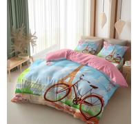 Srigzcaly Vintage Romantic Eiffel Tower Bedding Set Cot-bed, Super Soft Cosy Comfy Warm Microfiber Reversible Duvet Cover Set with Pillowcase for Kids Boys Girls, Pink