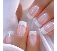 SRIMNUYY False Nails Medium Square White French Lace Shiny Design Cute Light Pink Full Cover Glitter Stick On Nails