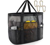 SRISE Mesh Beach Bag - Large Beach Tote Bag for Family Beach Bag for Toys & Vacation Essentials, Black, 16.5" x 8.5" x 15", Minimalist