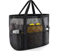 SRISE Mesh Beach Bag - Large Beach Tote Bag for Family Beach Bag for Toys & Vacation Essentials, Black, 16.5" x 8.5" x 15"