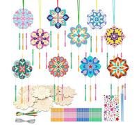 SRIZIAN 10 Pack Mandala Wind Chime Kit for Kids, Make Your Own Mandala Wind Chime Kit DIY Blank Wooden Crafts to Paint for Kids Party Decoration