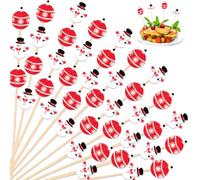 SRIZIAN 100Pcs Christmas Cocktail Sticks, 5.1inch Wooden Cocktail Picks for Appetizers Christmas Snowman and Ball Toothpicks for Snacks Fruit Christmas Parties Food Decoration
