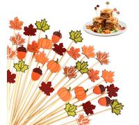 SRIZIAN 100Pcs Fall Cocktail Sticks, Pumpkin Maple Leaf Bamboo Cocktail Picks Wooden Toothpicks for Appetizers Fruit Drink Thanksgiving Day Autumn Party Food Decoration