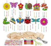 SRIZIAN 12 Pack Spring Wind Chime Kit for Kids, Make Your Own Insect Animal Flower Birdhouse Wind Chime Kit DIY Coloring Wooden Craft for Girls Birthday Wood Ornaments