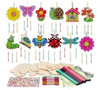 SRIZIAN 12 Pack Spring Wind Chime Kit for Kids, Make Your Own Insect Animal Flower Birdhouse Wind Chime Kit DIY Coloring Wooden Craft for Girls Birthday Wood Ornaments