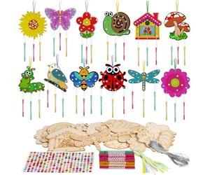 SRIZIAN 12 Pack Spring Wind Chime Kit for Kids, Make Your Own Insect Animal Flower Birdhouse Wind Chime Kit DIY Coloring Wooden Craft for Girls Birthday Wood Ornaments