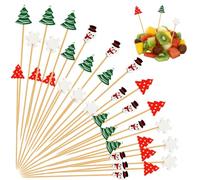 SRIZIAN 200Pcs Christmas Cocktail Sticks, 5.1inch Wooden Cocktail Picks for Appetizers Christmas Tree Snowflake Snowman Toothpicks for Snacks Fruit Christmas Party Food Decoration