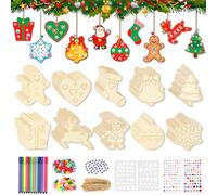SRIZIAN 80Pcs Christmas Wooden Craft Ornaments, DIY Wooden for Painting Coloring Christmas Tree Snowflake Unfinished Wood for Kids Craft Christmas Hanging Decorations
