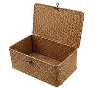 Srliya Seagrass Basket With Lidï¼ŒLarge Handwoven Wicker Storage Bins Rectangular Household Organizer Boxes Shelf Wardrobeï¼ŒStore Clothes and Home Items (29X19X12CM)