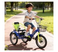 SRNSAEB 14in 16in 18in 20in Foldable 3 Wheel Bicycle with Child Seat, Double Twins Three Wheel Cruiser Bike to Carry Kid, Adjustable Height Two Seater Tricycle Carbon Steel(Blue,18in)