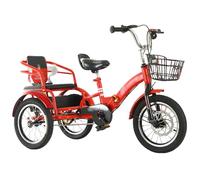 SRNSAEB 14in 16in 18in 20in Foldable 3 Wheel Bicycle with Child Seat, Double Twins Three Wheel Cruiser Bike to Carry Kid, Adjustable Height Two Seater Tricycle Carbon Steel(Red,18in)