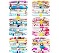 SROBENZ 44 Pcs Preppy Bracelets Set Colorful Heart Star Evil Eye Beaded Polymer Clay Pearl Stackable Charm Y2K Kidcore Summer Beach Bohemian Layering Bracelets for Women Unisex, 6.2 to 7 inches,