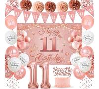Sroeeshee 11th Birthday Decorations for Girls - Pink Rose Gold 44Pcs 11th Bday Balloon Backdrop Set with Pennant Banner Number 11 Balloons, Photo Backdrop Pom Poms Cake Topper for 11 Year Old Party