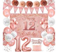 Sroeeshee 12th Birthday Decorations for Girls - Pink Rose Gold 44Pcs 12th Bday Balloon Backdrop Set with Pennant Banner Number 12 Balloons, Photo Backdrop Pom Poms Cake Topper for 12 Year Old Party