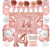 Sroeeshee 14th Birthday Decorations for Girls - Pink Rose Gold 44Pcs 14th Bday Balloon Backdrop Set with Pennant Banner Number 1 Balloons, Photo Backdrop Pom Poms Cake Topper for 14 Year Old Party