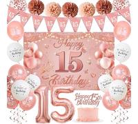 Sroeeshee 15th Birthday Decorations for Girls - Pink Rose Gold 44Piece 15th Bday Balloon Backdrop Set with Pennant Banner Number 15 Balloons, Photo Backdrop Pom Poms Cake Topper for 15 Year Old Party