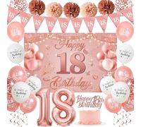 Sroeeshee 18th Birthday Decorations for Girls - Pink Rose Gold 44Pcs 18th Bday Balloon Backdrop Set with Pennant Banner Number 18 Balloons, Photo Backdrop Pom Poms Cake Topper for 18 Year Old Party