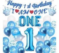 Sroeeshee 1st Birthday Decorations Boys - Blue Happy 1st Birthday I AM ONE Banner Garland, Stars Crowns Number 1 and Letter One Foil Balloons for Kids Baby Shower Supplies