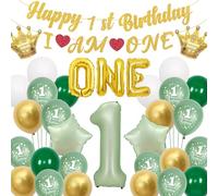Sroeeshee 1st Birthday Decorations Boys - Sage Green Gold Happy 1st Birthday I AM ONE Banner Garland, Stars Crowns Number 1 and Letter One Foil Balloons for Kids Baby Shower Supplies