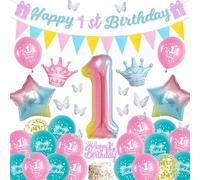 Sroeeshee 1st Birthday Decorations Girls - Color Happy 1st Birthday Banner and Triangle Flags Garland, Stars Crowns Number 1 Foil Balloons Cake Topper and 3D Butterfly for First Party Baby Shower