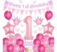 Sroeeshee 1st Birthday Decorations Girls - Pink Happy 1st Birthday Banner and Triangle Flags Garland, Stars Crowns Number 1 Foil Balloons Cake Topper and 3D Butterfly for First Party Baby Shower