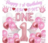 Sroeeshee 1st Birthday Decorations Girls - Pink Happy 1st Birthday I AM ONE Banner Garland, Stars Crowns Number 1 and Letter One Foil Balloons for Kids Baby Shower Supplies