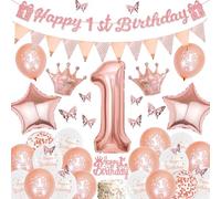 Sroeeshee 1st Birthday Decorations Girls - Rose Gold Happy 1st Birthday Banner and Triangle Flags Garland, Stars Crowns Number 1 Foil Balloons Cake Topper and 3D Butterfly for First Party Baby Shower