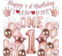 Sroeeshee 1st Birthday Decorations Girls - Rose Gold Happy 1st Birthday I AM ONE Banner Garland, Stars Crowns Number 1 and Letter One Foil Balloons for Kids Baby Shower Supplies