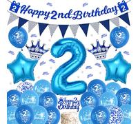 Sroeeshee 2nd Birthday Decorations Boys - Blue Happy 2nd Birthday Banner and Triangle Flags Garland, Stars Crowns Number 2 Foil Balloons Cake Topper and Confetti for 2 Year Olds Party
