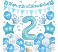 Sroeeshee 2nd Birthday Decorations Boys - Light Blue Happy 2nd Birthday Banner and Triangle Flags Garland, Stars Crowns Number 2 Foil Balloons Cake Topper and Confetti for 2 Year Olds Party