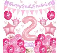 Sroeeshee 2nd Birthday Decorations Girls - Pink Happy 2nd Birthday Banner and Triangle Flags Garland, Stars Crowns Number 2 Foil Balloons Cake Topper and 3D Butterfly for 2 Year Olds Party