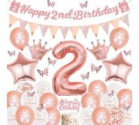 Sroeeshee 2nd Birthday Decorations Girls - Rose Gold Happy 2nd Birthday Banner and Triangle Flags Garland, Stars Crowns Number 2 Foil Balloons Cake Topper and 3D Butterfly for 2 Year Olds Party