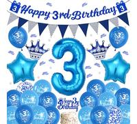 Sroeeshee 3rd Birthday Decorations Boys - Blue Happy 3rd Birthday Banner and Triangle Flags Garland, Stars Crowns Number 3 Foil Balloons Cake Topper and Confetti for 3 Year Olds Party