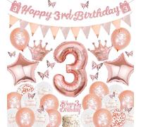 Sroeeshee 3rd Birthday Decorations Girls - Rose Gold Happy 3rd Birthday Banner and Triangle Flags Garland, Stars Crowns Number 3 Foil Balloons Cake Topper and 3D Butterfly for 3 Year Olds Party