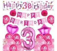 Sroeeshee 3rd Birthday Decorations Girls - Rose Pink Large Happy 3rd Birthday Yard Banner, Stars Number 3 Foil Balloons and Paper Pompoms for 3 Year Olds Party